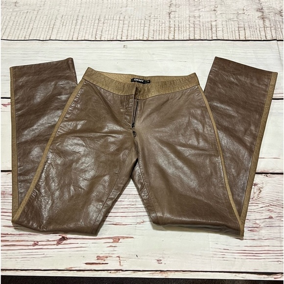 DKNY women’s 100% leather boot cut tuxedo trim pants size 6 Brown Vintage Y2K - Picture 8 of 16